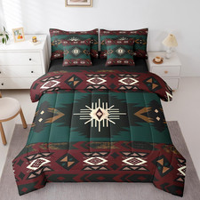 Boho Western King Size Comforter Set with Sheets, Vintage Geometric Triangle Dia