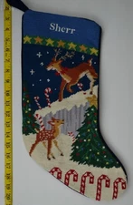 LANDS END Reindeer Wool Needlepoint Christmas Stocking Monogrammed SHERR
