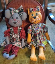 2 Handmade Primitive Style Rag Dolls Mouse Cat Handpainted Faces Folk Art 20"