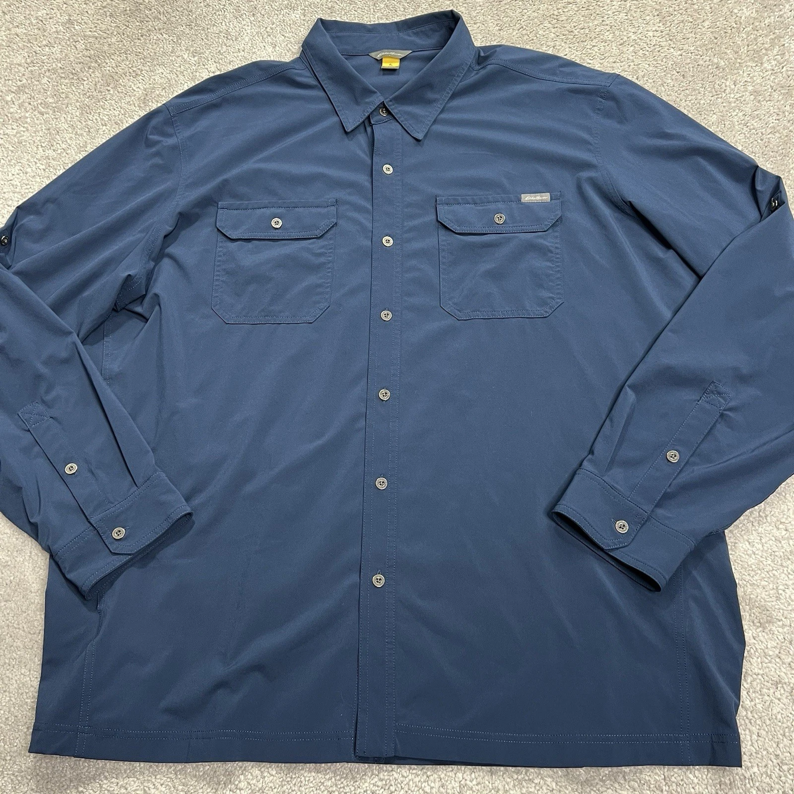 Eddie Bauer Travex Shirt Men 2XL Blue Long Sleeve Roll Tab Sleeve Button Stretch