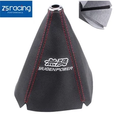 Black MUGEN Shift Knob Shifter Boot Cover MT/AT w/ PVC Leather Red Stitches JDM