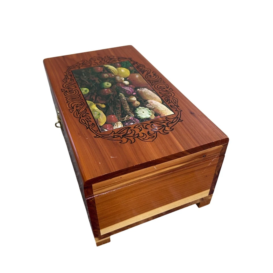 Vintage Cedar Wood Keepsake Box Fruits Vegetables Lock Key Decorative 70s - Image 4 of 4