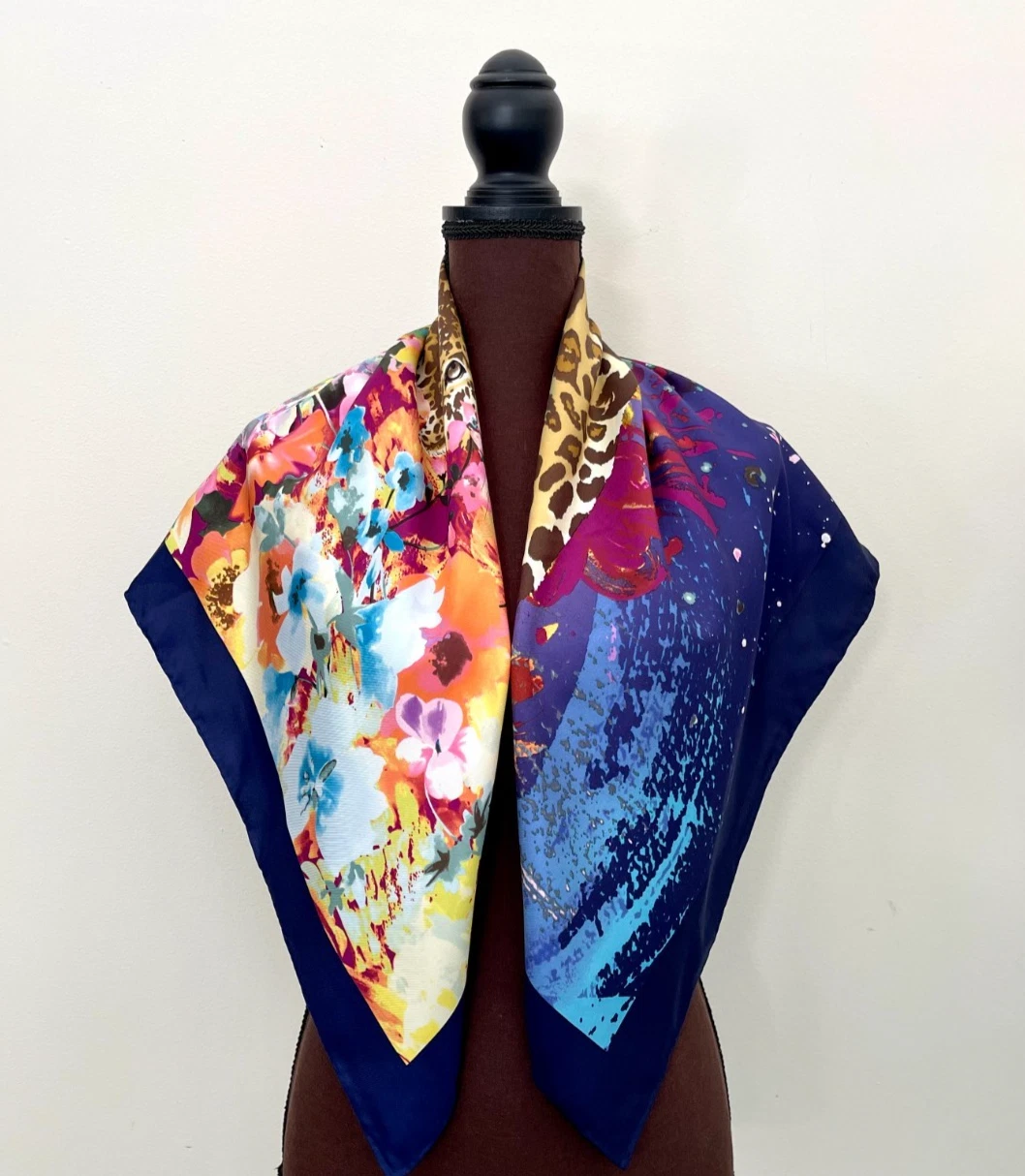 New Salvatore Ferragamo Silk Scarf Leo Icon Garden Blue Multicolor Floral Wrap