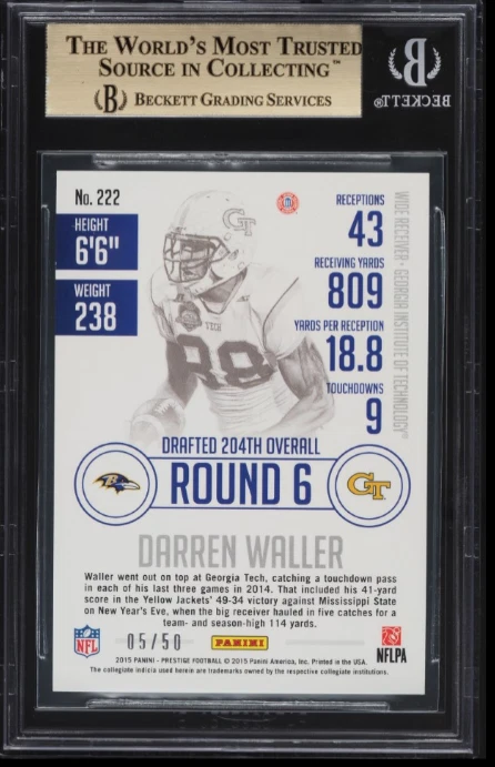 POP 1: Darren Waller RC BGS 9.5: 2015 Prestige Extra Pts Gold Rookie Gisto /50 - Image 2 of 3