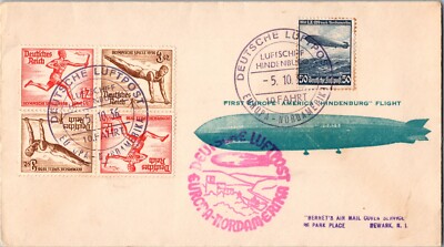 1936 Germany Zeppelin LZ 129 Hindenburg First Flight NAF Cover to USA NJ Newark