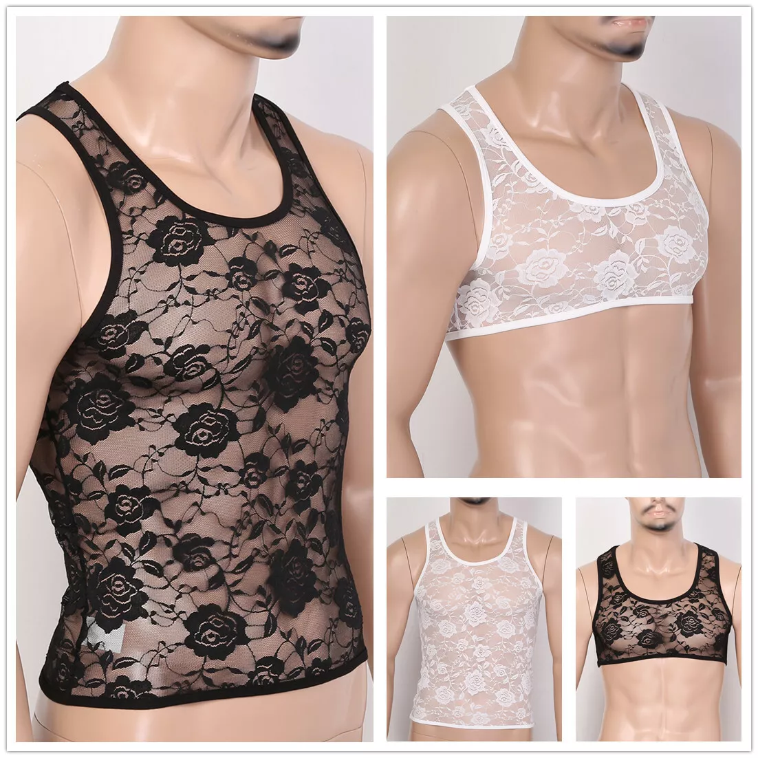 Mens Sexy Mesh Lace Tank Top Underwear See Through Fitness Crop Top Blouse  Vest