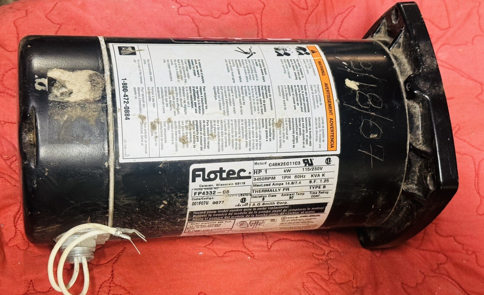 FLOTEC C48K2EC11C3 Sprinkler Pump Motor FP433208 1.0 HP 115/230 V