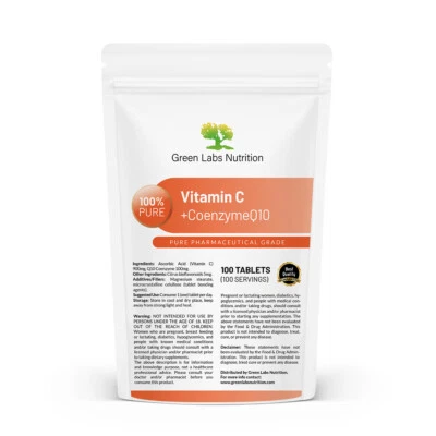 GREEN LABS NUTRITION Vitamina C 900mg + Coenzima Q10 100mg Compresse – Antiossidante, Cuore, Immunità