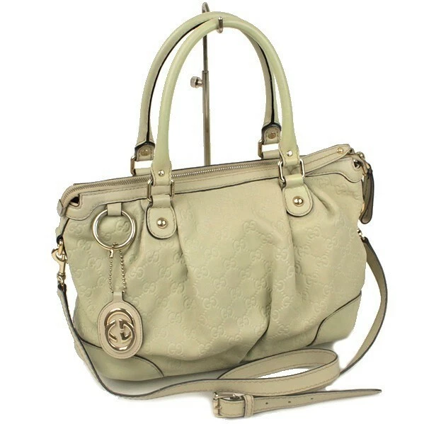 GUCCI Tote Cross Body Bag GG Shima Sukey Leather Ivory Women