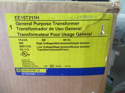 Square D EE15T211H 15KVA Transformer 208X120/208V 3PH Energy Eff -T305-NEW-B