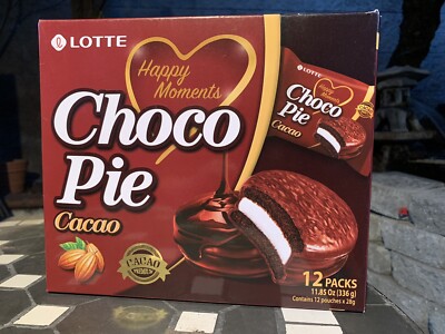 [1 Box 11.85oz, 12 ct] Lotte Premium Cacao Chocopie Korean Chocolate Cake Cookie
