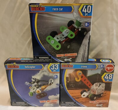 Metal Make-it Blocks 3Set  Build Helicopter, Crane, Race Car -Tools Included