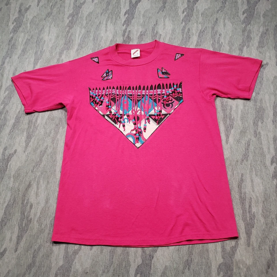 Top vintage Jerzees para mujer grande rosa estampado azteca del suroeste flecos con cuentas Foto 2 de 4