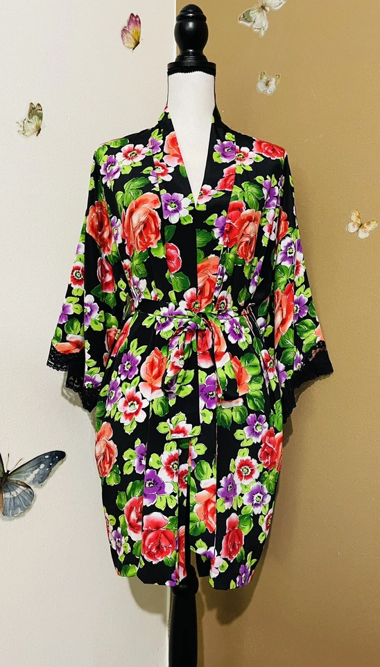 Victoria's Secret VTG Y2K 90’s Gold Label Robe Kimono Floral Roses Satin Lace M - Image 3 of 4