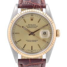 Rolex Datejust 16233 Champagne Index Dial Fluted Bezel Leather Band 36mm Watch