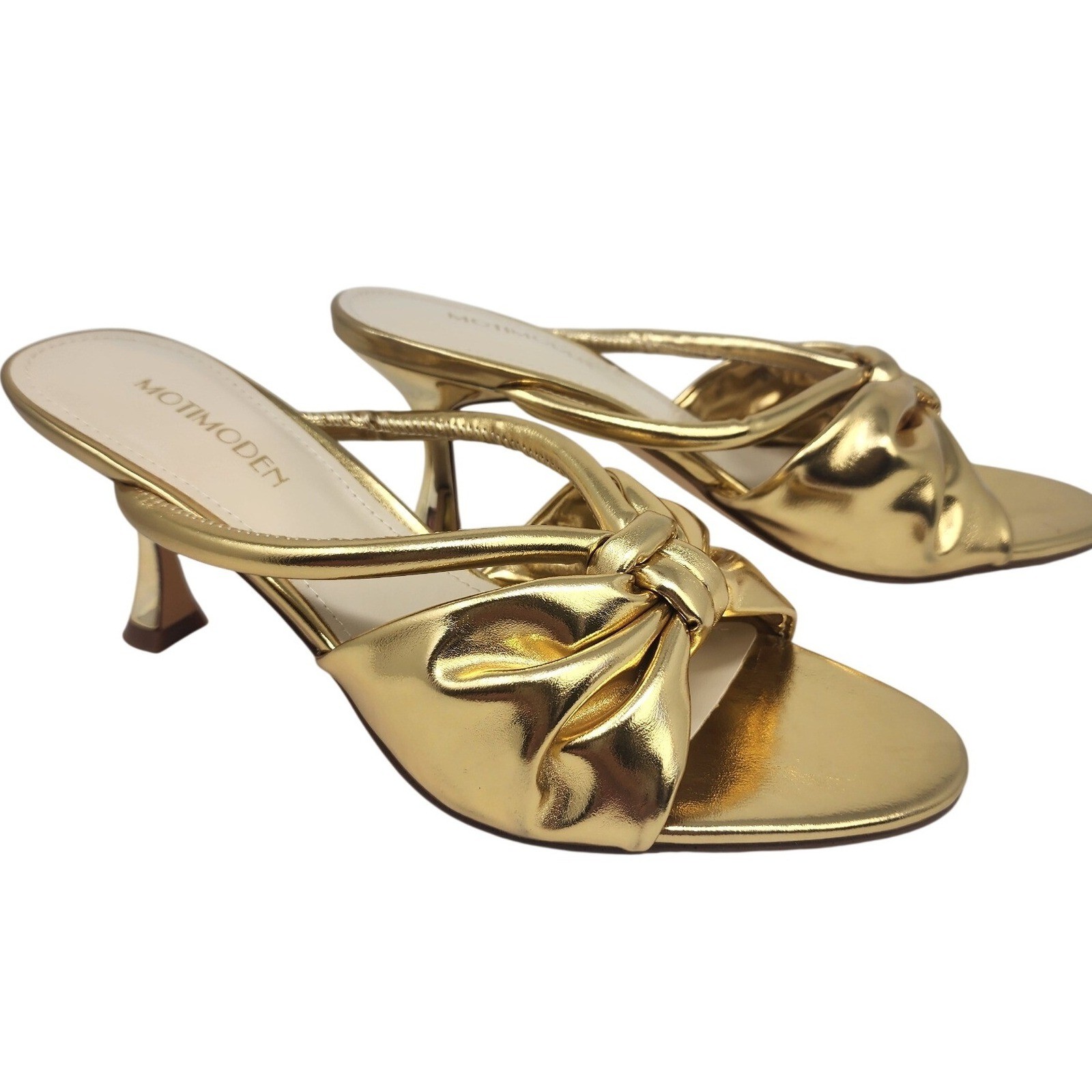 MOTIMODEN Women Gold Metallic Knot Bow Kitten Heel Sandals Mules Size 8
