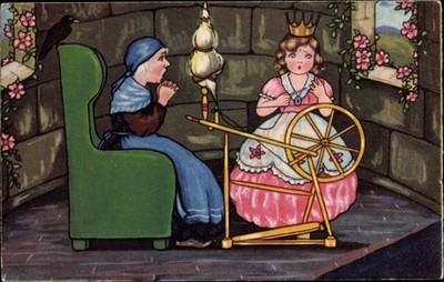 Künstler Ak Dornröschen hat sich verletzt, Spinnrad, Rabe, Ältere... - 2919642