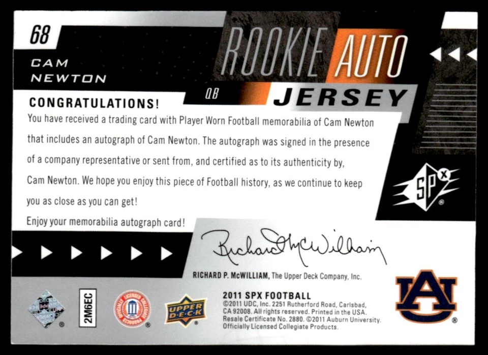Camiseta deportiva SP Auténtica SPx 2011 Autógrafos Cam Newton Rookie Auto Jersey 1 color Foto 2 de 2
