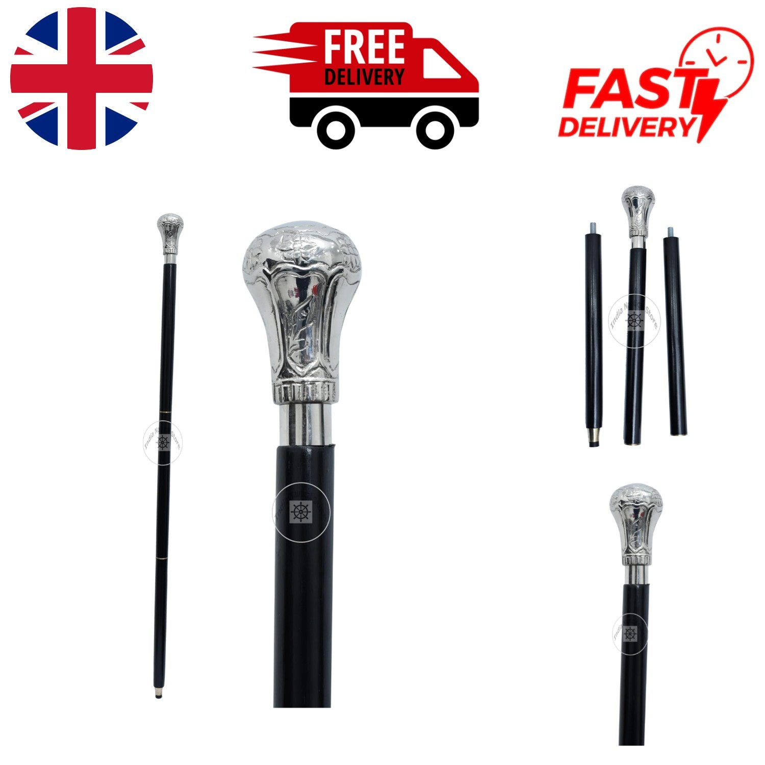 Alfiya Nautical Chrome Brass Knob Walking Cane - Elegant 36-Inch Support Stick
