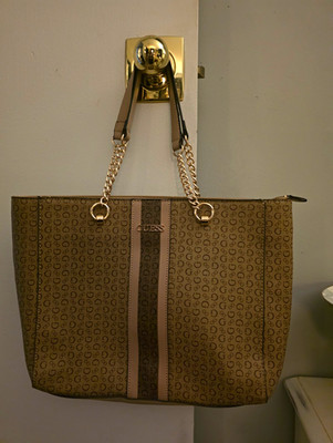 Guess beige/brown logo monogram tote bag zip top chain strap gold hardware