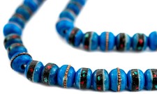 Turquoise Inlaid Bone Mala Beads 10mm Nepal Blue Round Large Hole 34 Inch Strand