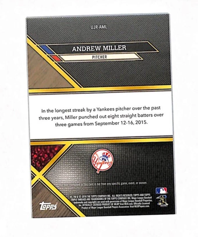 Tarjeta de parche usada Topps Triple Threads Andrew Miller 2016 2/3 Jumbo juego Yankees  Foto 2 de 2