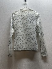 Et Clet Sheer White Lace Long-Sleeve Top with Blue Floral Print Women s SMALL
