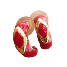 Vintage Red Enamel Gold Plated 20mm Pierced Hoop Earrings