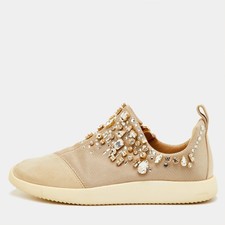 Giuseppe Zanotti May London Size 38 Beige Mesh and Suede Crystal Embellished