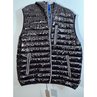 Noize Gavyn Mens XL Black & Blue Shiny Length Hooded Zip Up Puffer Vest NWT