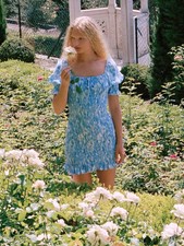 Faithfull The Brand Magnolia Mini Dress Size US 4 Blue/White Tie-Dye Print NWT