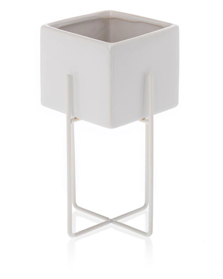 HowHomely Blumentopf Pflanzentopf mit Ständer 2er Set weiß Glamour Deko Übertopf - Bild 2 von 4