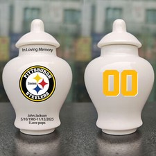 Ceramic Mini Urn   Pittsburgh Steelers Football Theme, Custom Text  Number