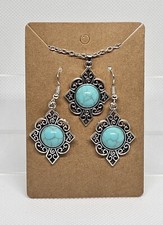 3 piece set Silver and Turquoise Colored Necklace Earrings NEW