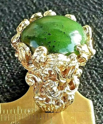 IMPRESSIVE~NEPHRITE JADE 14K GOLD RING~BlackFlecks/ANCIENT SCROLLWORK/14.86g/Sz7