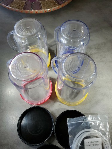 4 Magic Bullet Blender Mugs Cup W/Lip Rings Handles, 3 Lids, Replacement Parts - Picture 2 of 9