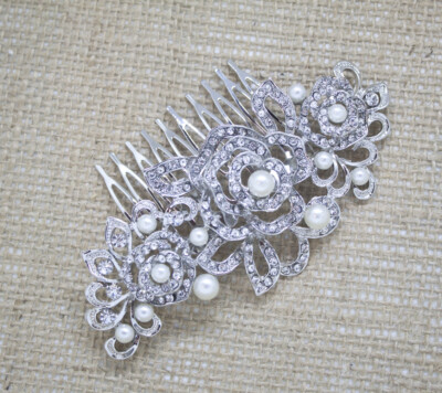 い Vintage hair comb bridal wedding crystal rhinestone pearl hair