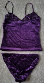 Vintage Purple Velvet & Lace Crop Cami & String Bikini Panty Set Size Small