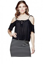 GUESS JUDIA JET BLACK CRINKLED WOVEN,V SHAPED,STRAPS,LACE,SHORT SLEEVES,T-SHIRT