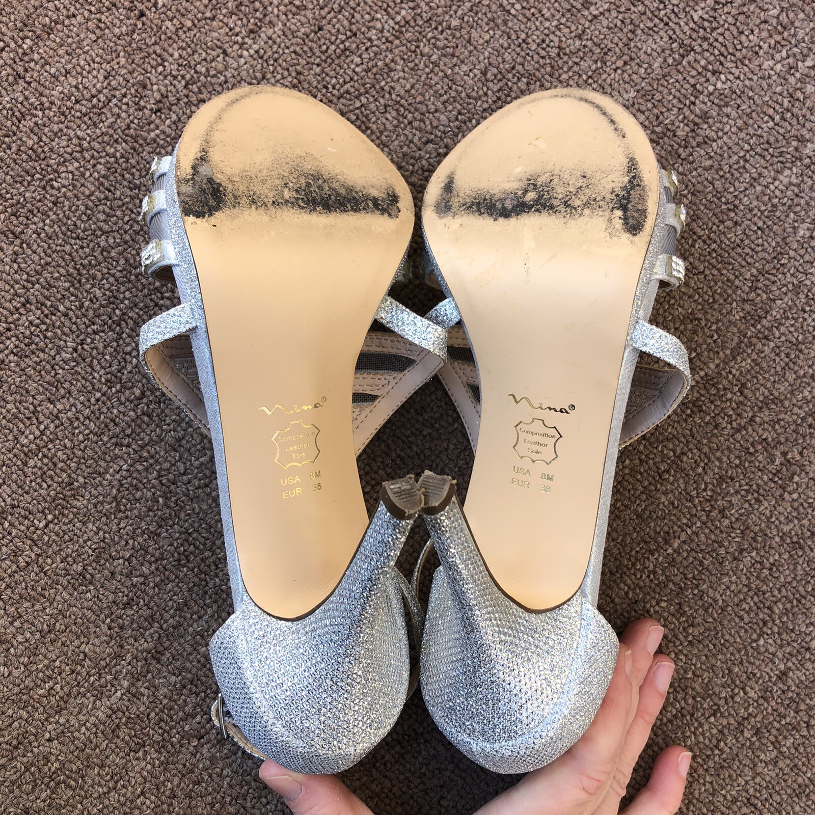 nina silver strappy heels