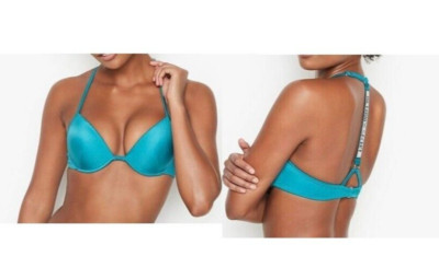 VICTORIA SECRET Swim 38C Fabulous Shine Strap Push-Up Bikini Top Logo Rhinestone