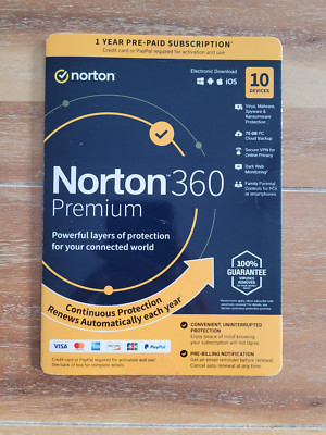 Norton 360 Premium 2025 10 Devices - 1 year, 75GB Cloud Storage, Secure VPN New!