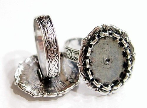 6 of 18x13mm Antique Silver Victorian Deco Angel Wings Adjustable Ring Settings - Picture 3 of 9