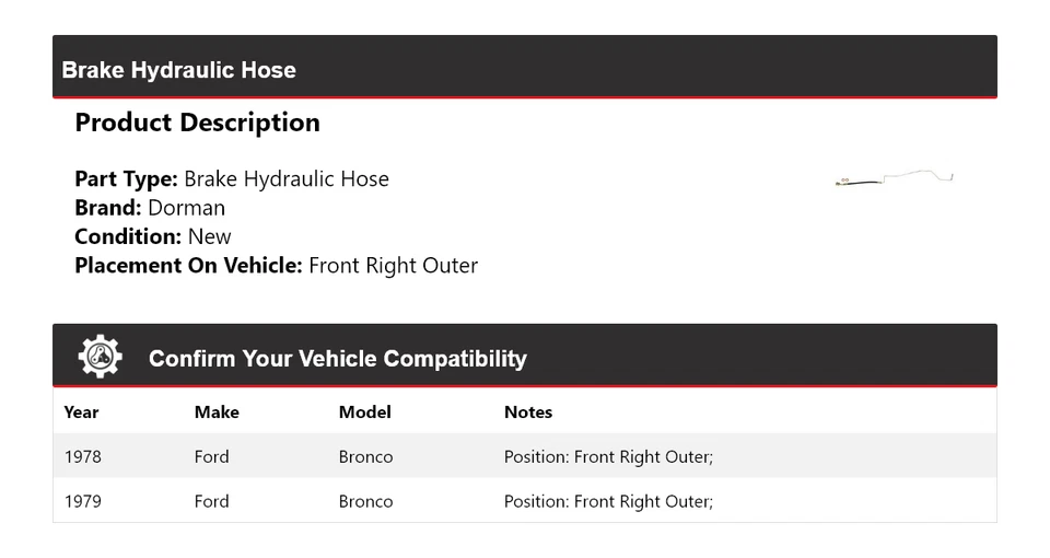 Manguera hidráulica de freno delantera derecha exterior para Ford Bronco Dorman 1978-1979 Foto 2 de 3