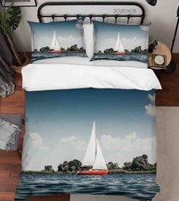 Copripiumino trapuntato 3D barca a vela oceano nuvole cielo set lenzuola