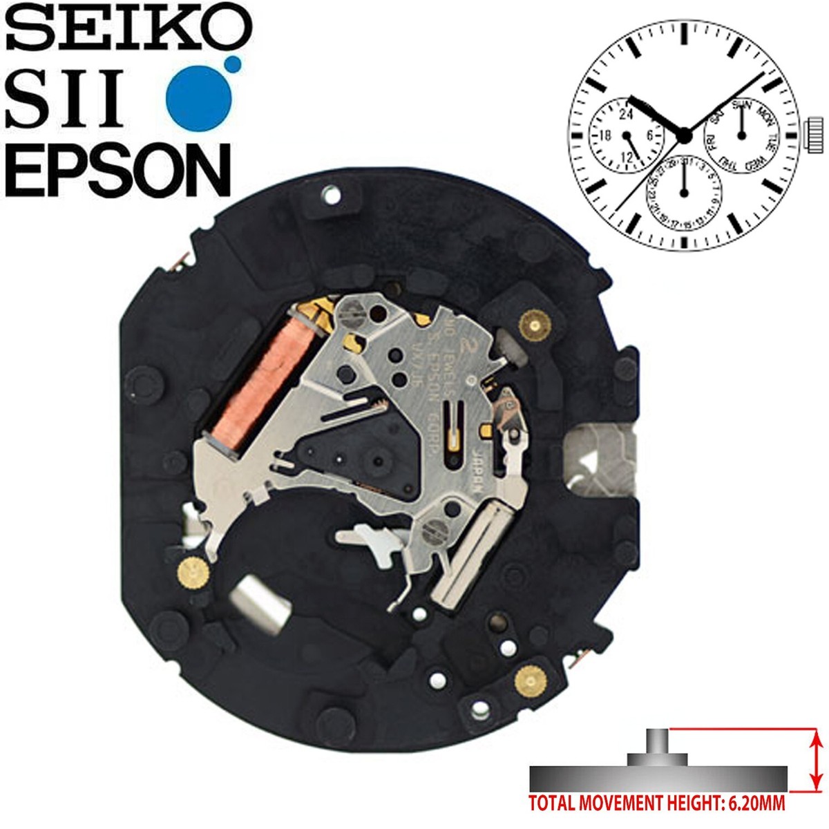 New Japan Seiko SII / TMI / Epson VX7J Watch Movement, 12 3/4