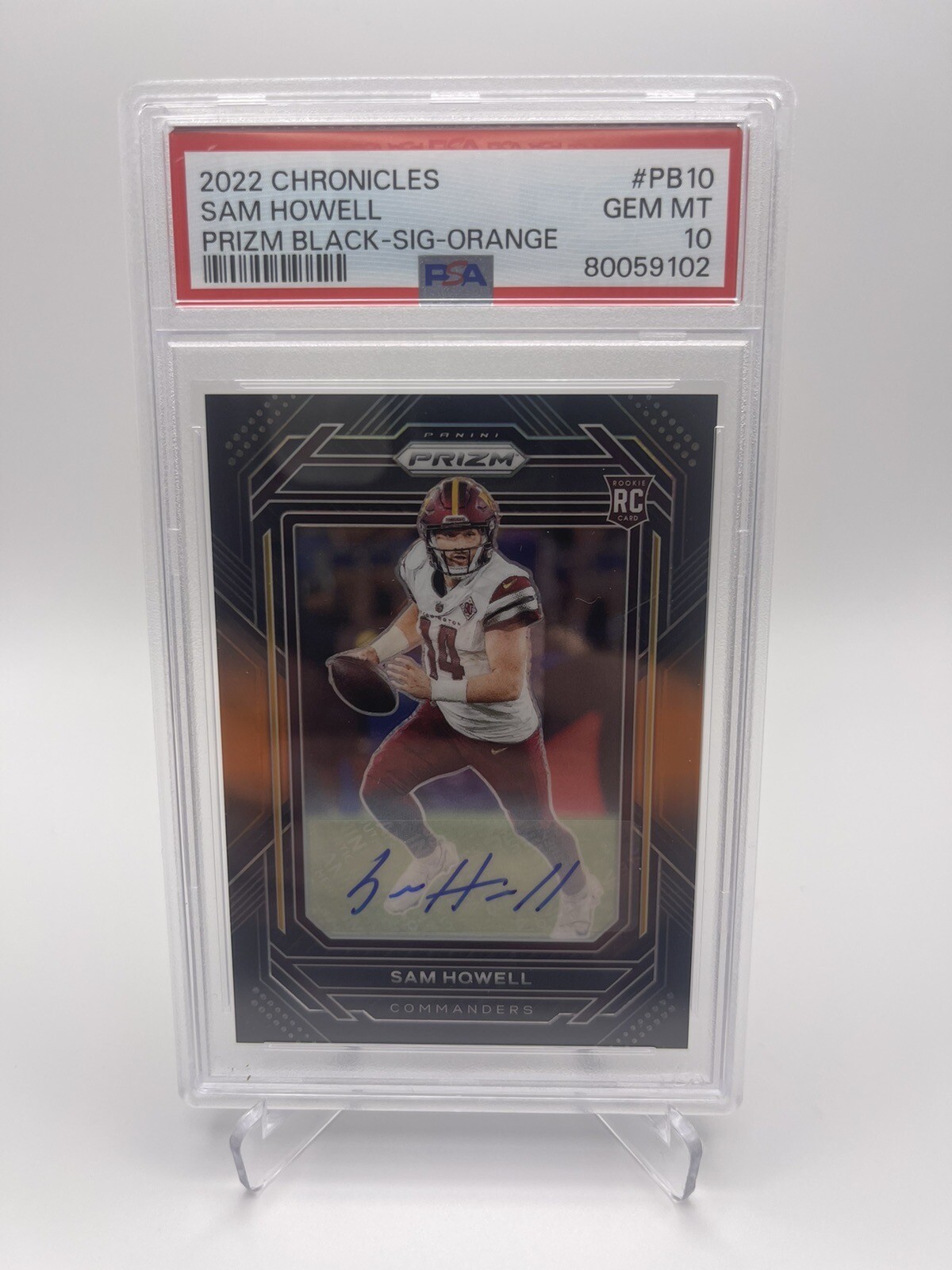 2022 Panini Chronicles Prizm Black Sam Howell Orange Auto #/75 PSA 10 Commanders