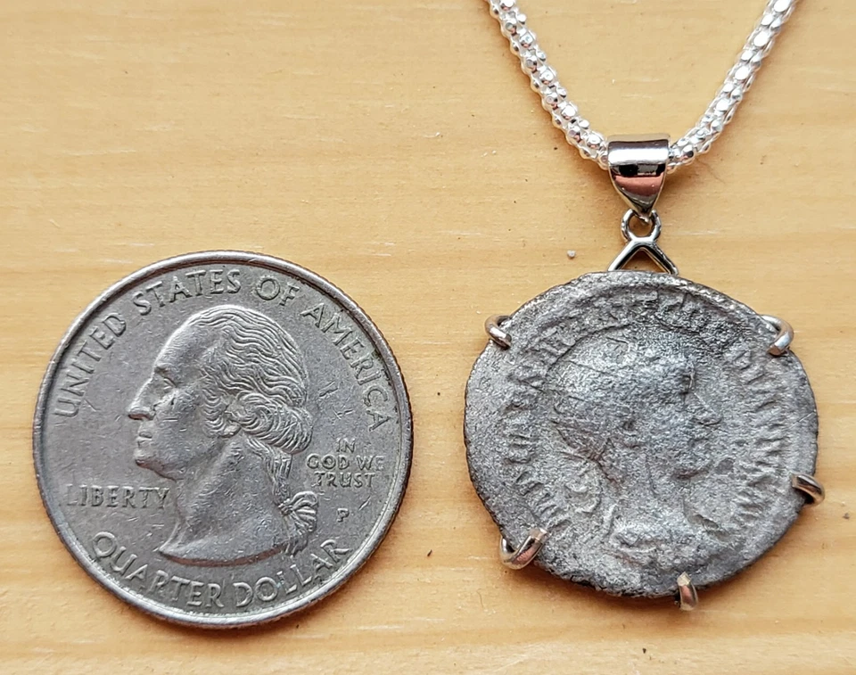 Antiguo Imperio Romano Emperador Gordiano Moneda Plata 925 Collar con Certificado de Autenticidad Foto 3 de 4