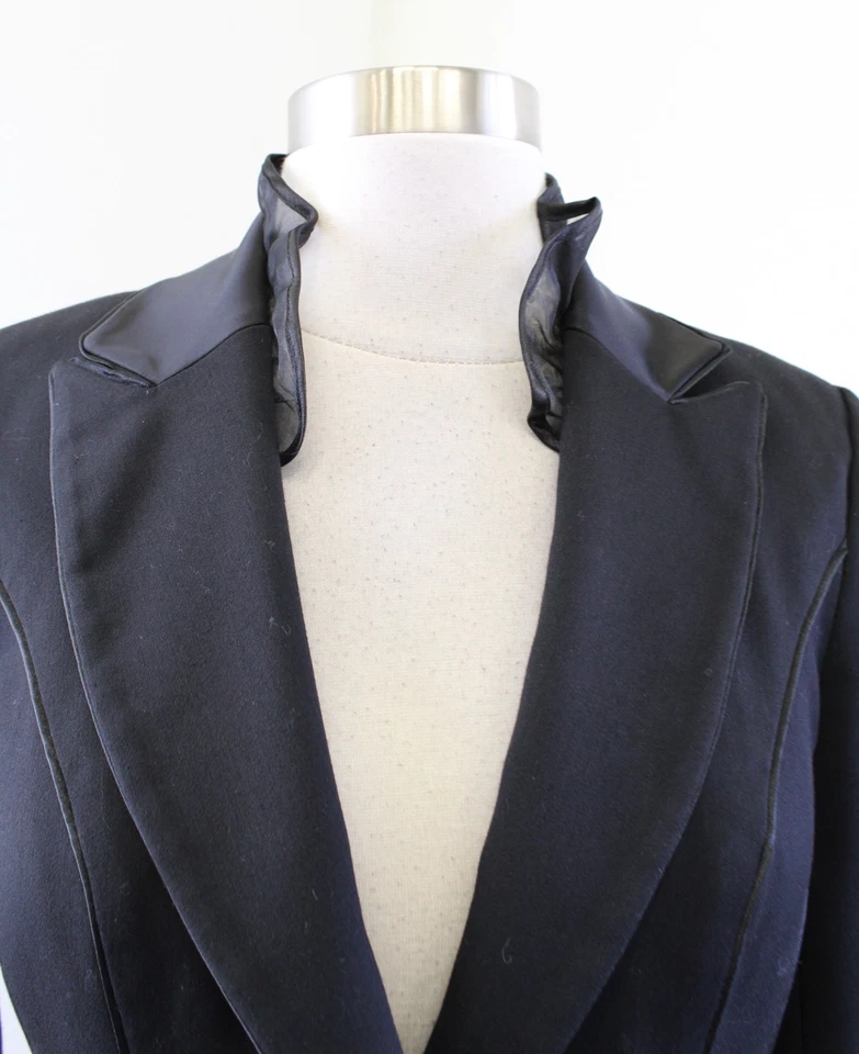 White House Black Market 黑色缎面装饰荷叶领西装外套夹克,尺寸 00 — 第 4/4 张图片