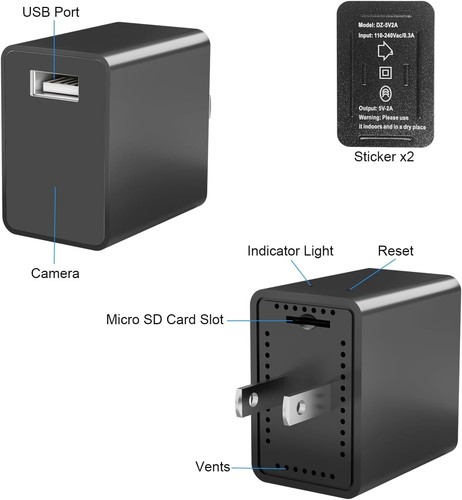 Mini 1080P Camera Charger - Wireless Camera - Wifi Tiny USB Charger Camera, 140- - Picture 2 of 6